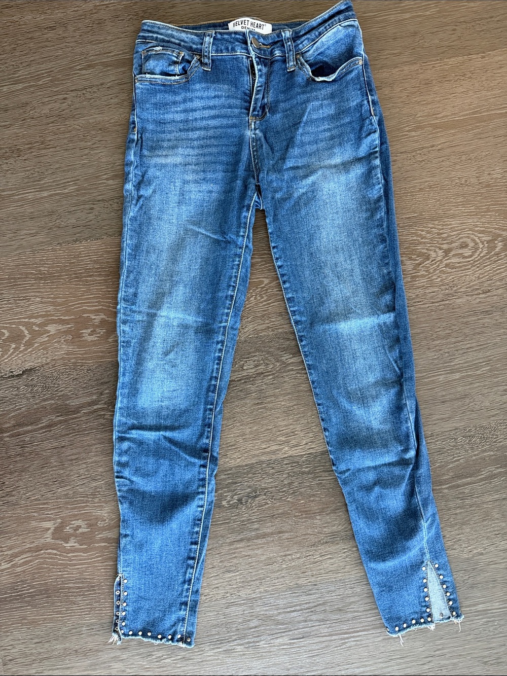 Velvet Heart Distressed Blue Skinny Jeans with Studded Ankles